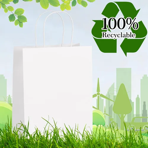 Miniatura 3 de Eupako Bolsas de papel de 8 x 4.25 x 10.5 pulgadas, 100 bolsas de regalo blancas con asas, papel de estraza, recuerdo de fiesta, bolsas de mercancía