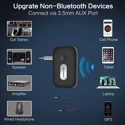 Miniatura 4 de SIMOLIO Receptor Bluetooth para automóvil, batería de 35 horas, control de volumen, cancelación de ruido, adaptador Bluetooth AUX Bluetooth
