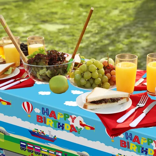 Miniatura 5 de Wiooffen 3 Piezas Manteles de Cumpleaños de Transporte Suministros de Fiesta de Tráfico Cubierta de Mesa de Vehículo de Transporte Mantel Desechable