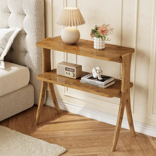 LITTLE TREE Mesa auxiliar estrecha, mesa de centro de 2 niveles estilo granja con patas de madera maciza, mesa auxiliar pequeña, ahorradora de