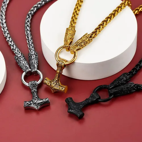 Miniatura 6 de FaithHeart Collar punk nórdico vikingo para hombre, collar grueso, acero inoxidable, Mjolnirnudo celta, cabeza de lobo, colgante de amuleto, joyería
