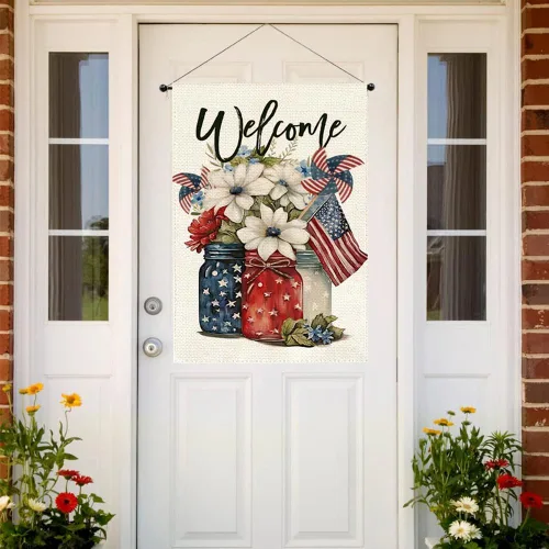 Miniatura 3 de RABUSOFA Bandera patriótica para casa del 4 de julio, 28 x 40 pulgadas, doble cara para exterior, frasco de masón americano de bienvenida, flores