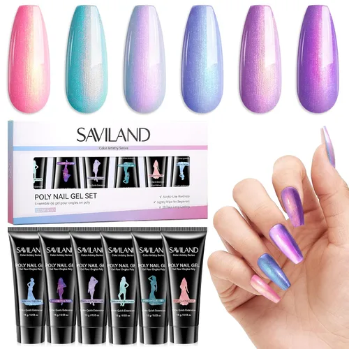 SAVILAND Kit de uñas de poligel sin hema: 6 colores de gel de poliéster de duración de 28 días, kit de uñas de gel de extensión de poli de gel de