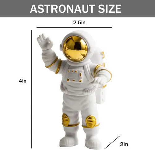 Miniatura 5 de Juego de 4 adornos dorados de estatua de astronauta de poliresina, decoración de 3 piezas de espejo y 1 llavero para habitación, automóvil, tablero
