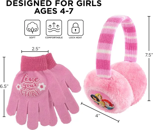 Miniatura 6 de Disney Juego de calentadores de orejeras de invierno y guantes para niños felpa de princesa rosa niñas pequeñas edades de 4 a 7 años Rosado
