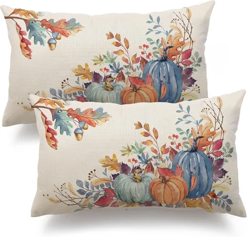 Miniatura 7 de DFXSZ Fundas de almohada de otoño de 16 x 16 pulgadas, juego de 2 fundas decorativas de otoño de hojas caídas de calabaza en acuarela azul y verde