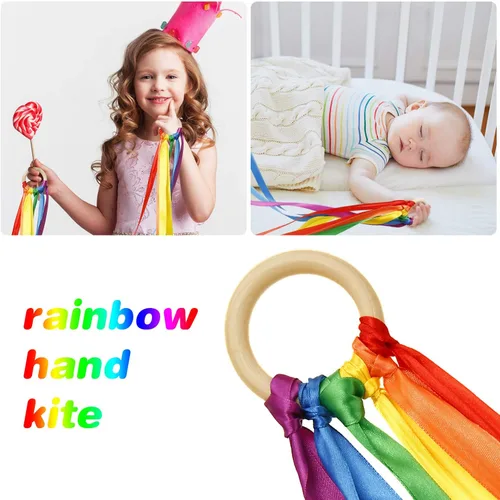 Miniatura 5 de WILLBOND Cometa de mano arcoíris de 3 piezas, cintas de muñeca de cinta, varita de viento bailarina con anillo de madera, juguetes educativos