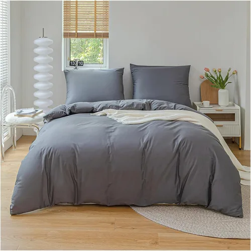 Miniatura 8 de Juego de funda de edredón de algodón, 100% algodón, tela gruesa agradable a la piel, color sólido, juego de cama doble, ropa de cama