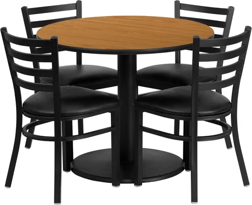 Miniatura 5 de Flash Furniture Juego de mesa redonda laminada negra de 36 pulgadas con base redonda y 4 sillas de metal con respaldo de escalera, asiento de vinilo
