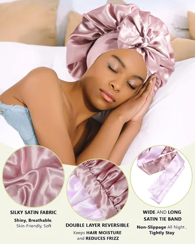 Miniatura 4 de Gorras de satén de seda para mujeres, envoltura de cabello rizado para dormir, gorra reversible con banda de corbata, gorra de dormir de doble capa