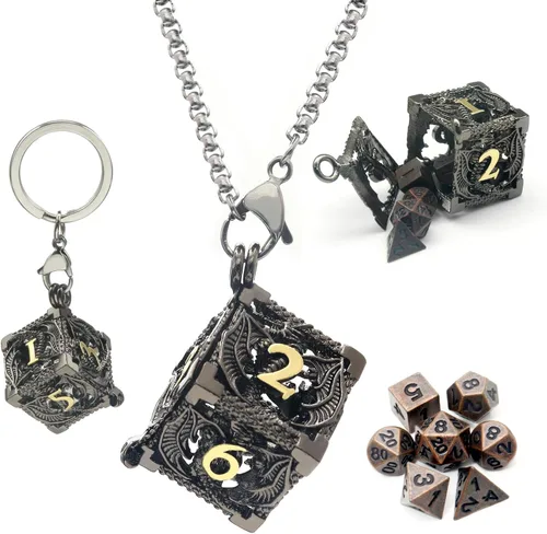 Miniatura 14 de Haxtec Juego Mini de Dados de Metal DND con Estuche de Collar Hueco Juego de Dados de Metal Pequeños Antiguos Juego de Llaveros D&D Portátil Juego