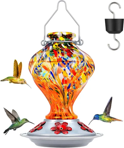 Miniatura 18 de BOLITE - Alimentador de colibríes, de vidrio soplado a mano, diseño torcido, para exteriores, con trampa para hormigas y cinco puertos de Azul