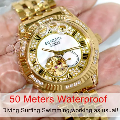 Miniatura 17 de BINLUN Reloj de pulsera para hombre, mecánico automático, reloj dorado con cuerda automática, elegante, chapado en oro de 18 quilates, relojes