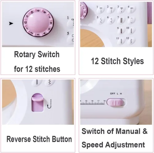 Miniatura 3 de Máquina de coser para principiantes, mini portátil eléctrico, 12 puntadas integradas con costura inversa, 2 velocidades de doble hilo con pedal