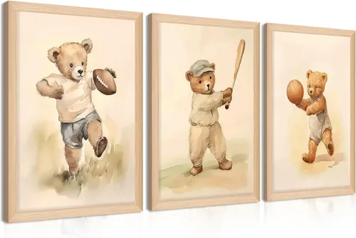 Miniatura 16 de Conjunto de 3 cuadros de arte de pared de osos de rugby deportivos para guardería – Cuadros de osos bebés vintage bonitos, pinturas, pósteres