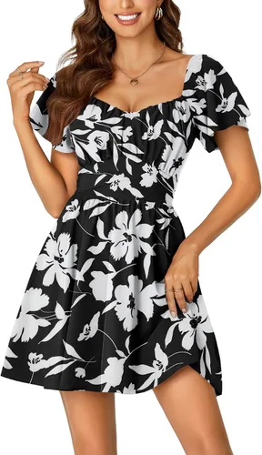 Miniatura 30 de Rooscier Minivestido acampanado de manga corta con volantes, cuello cuadrado, envolvente y espalda anudada para mujer