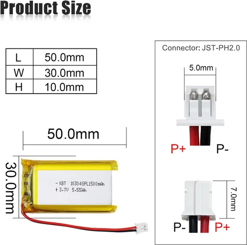 Miniatura 2 de KBT 2Pack 1500mAh 103048 Polymer Ion Battery 3.7V Rechargeable LiPo Battery with JST PH 2.0mm-2Pin Connector for RC Toy, Small Speaker, DIY