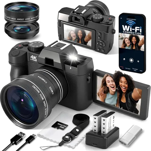 Miniatura 8 de Cámara digital 4K para fotografía con WiFi, cámara de videoblogs con autofoco para YouTube con pantalla giratoria, viene con 2 baterías, lente gran
