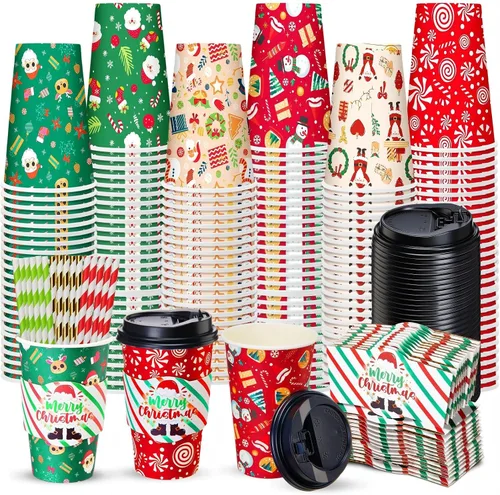 Miniatura 8 de Jingmore Juego de 120 tazas de café de papel desechables de 16 onzas con tapas, fundas para pajitas, vasos de papel para bebidas frías calientes