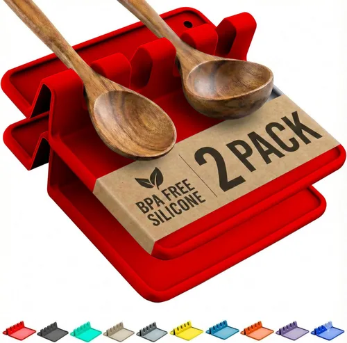 Miniatura 12 de Soporte de cuchara de silicona naranja para estufa con almohadilla de goteo (paquete de dos) – Resistente al calor sin BPA y soporte para cuchara