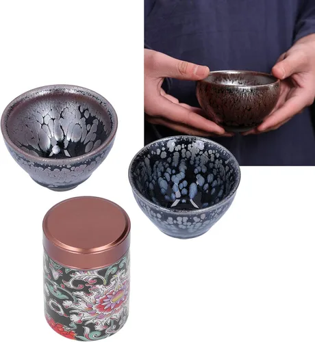 Miniatura 7 de Alvinlite Jianzhan Teacup Tenmokus Kung Fu Juego de té chino Taza de té Bote de té 2 piezas Tazón de té de cerámica con gran esmalte Artesanías Caja