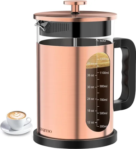 Miniatura 21 de QUQIYSO Cafetera de prensa francesa de acero inoxidable 304 con 4 filtros, resistente al calor, duradera, fácil de limpiar, prensa de café de vidrio