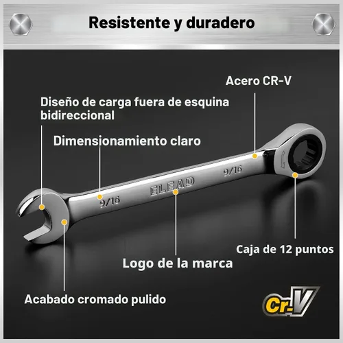 Miniatura 3 de ELEAD Juego de 33 llaves combinadas de trinquete Tamaños SAE y métricos (1/4" a 3/4" y 6-18mm) Diseño de engranaje de 72 dientes Acero CR-V