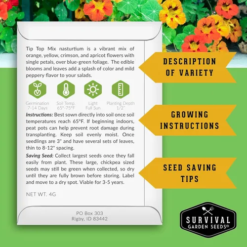 Miniatura 2 de Tip Top Mix - Semillas de capuchina para plantar al aire libre, variedad de flores comestibles y plantas complementarias, semillas sin OMG