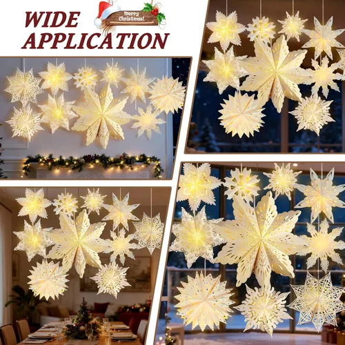 Miniatura 8 de 10 piezas de linternas de copo de nieve de papel de Navidad, grandes linternas de papel de estrella de Navidad con luces LED, adornos blancos
