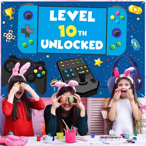 Miniatura 5 de Cartel de nivel 10 desbloqueado para cumpleaños número 10, telón de fondo, decoración temática de videojuegos, decoración para niños y niñas