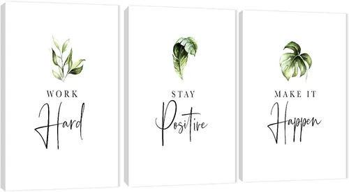 Miniatura 8 de Arte de pared inspirador de 3 piezas, imagen de refranes de plantas blancas, citas de trabajo y estadía, impresiones en lienzo para decoración