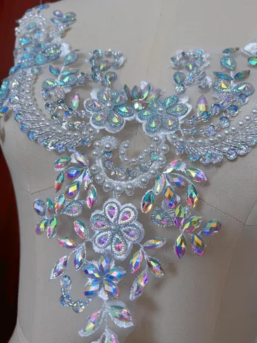 Miniatura 4 de Parches de encaje con flores y cuentas de perlas, apliques de strass para coser en ropa, cuello (AB)