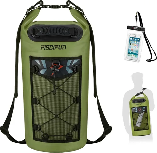 Piscifun Bolsa seca, mochila flotante impermeable 10L/20L/30L/40L con funda impermeable para teléfono para navegación, kayak, pesca Verde militar