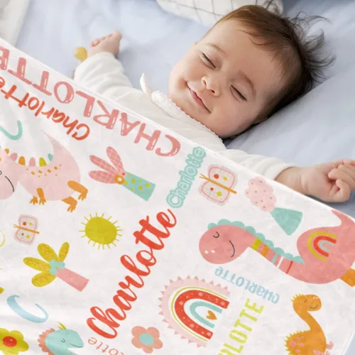 Miniatura 3 de Manta de dinosaurio personalizada con nombre para niña, manta de nombre personalizada para niños, manta de franela suave de dinosaurio rosa, regalo