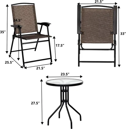 Miniatura 7 de KOTEK Juego de 3 muebles de exterior con mesa redonda y 2 sillas plegables, mesa de vidrio templado, mesa de bistró y sillas para balcón, porche