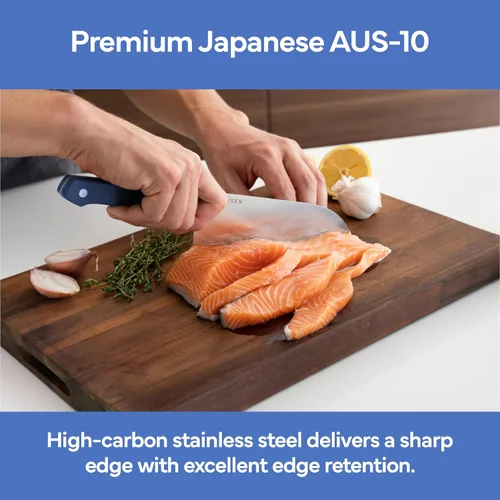 Miniatura 6 de Misen Cuchillo de chef japonés Santoku – Acero inoxidable de alto carbono de 8 pulgadas – Diseño clásico japonés para cortar, rebanar y picar – Azul