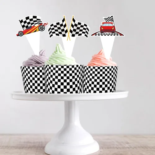 Miniatura 8 de 48 paquetes de toppers y envolturas de cupcakes de coche de carreras, decoración de pastel de fiesta de carreras con temática de carreras y cuadros