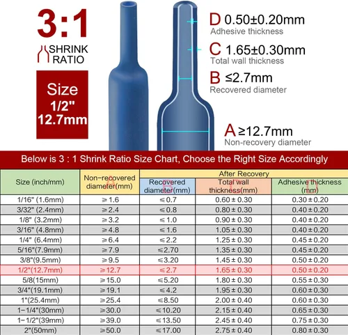 Miniatura 3 de Chanzon - Relación 3:1 - Rollo de 80 pies - Tubo termorretráctil 1/2" (12.7mm) - Grado marino, impermeable, forro adhesivo - (25M de longitud total)
