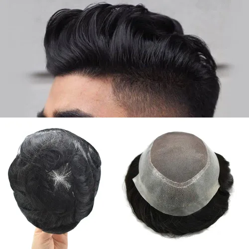 Miniatura 8 de Toupee - Pieza de cabello humano virgen transpirable para hombres, tupé real, sistema de reemplazo de cabello para hombre, mono, fino, 6X8#1, negro