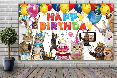 Miniatura 5 de Cartel de fondo de feliz cumpleaños de gato de 6 x 3.6 pies, decoración de suministros de fiesta de gatitos, telón de fondo con temática de patas