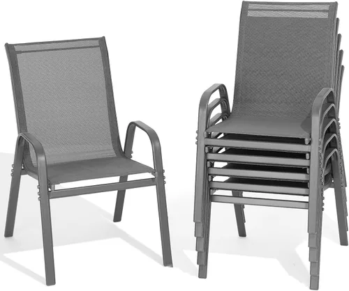 Miniatura 18 de Juego de 2 sillas de patio, sillas de comedor exterior apilables de fácil montaje con respaldo alto y asiento ancho, sillas exteriores transpirables