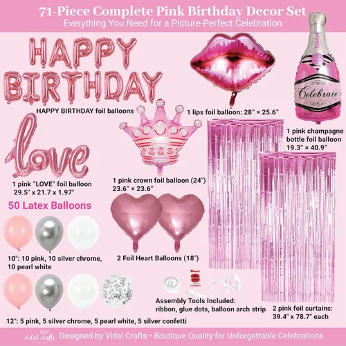 Miniatura 2 de Vidal Crafts - Decoraciones de cumpleaños rosadas, 71 piezas de decoraciones de feliz cumpleaños con globos de látex, papel de aluminio y confeti