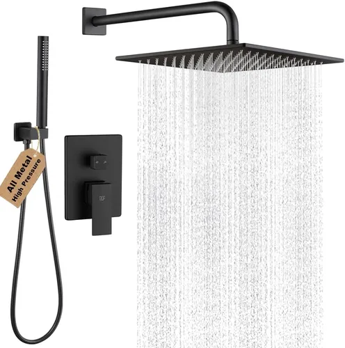 Miniatura 11 de Sistema de ducha negro para baño, juego completo de grifo de ducha montado en la pared de 8 pulgadas y mango con cuerpo de válvula áspero y kit