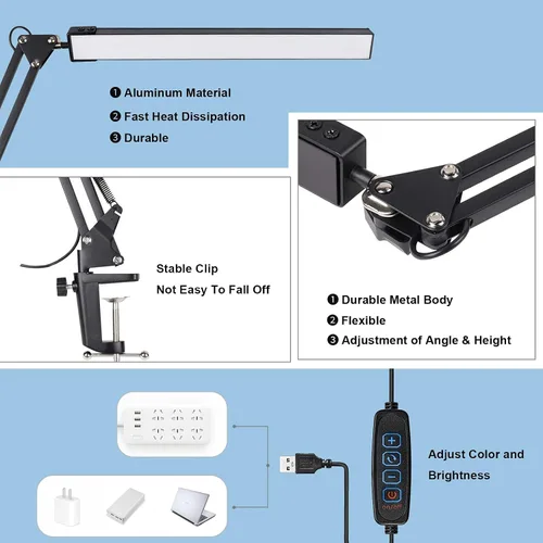 Miniatura 6 de Lámpara de escritorio LED para el hogar, oficina, lectura, luz de escritorio ajustable con abrazadera, lámpara de brazo oscilante incluye 3 modos