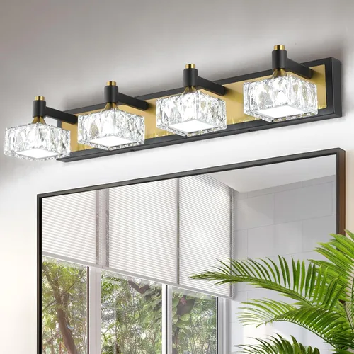 Miniatura 11 de Lámpara de baño de 3 luces sobre el espejo, luz LED regulable para tocador de baño con pantalla de cristal, lámpara de pared moderna negra y dorada