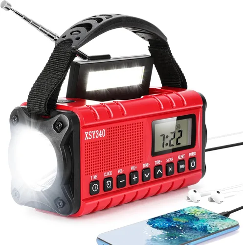Miniatura 7 de Radio de emergencia NOAA de alerta meteorológica con energía solar y manivela de mano USB-C carga portátil radio AM/FM 3W, lámpara de lectura