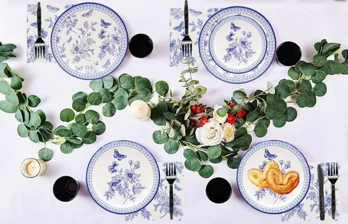 Miniatura 6 de Juego de vajilla floral azul y blanco de 150 piezas, platos de papel floral de 9 y 7 pulgadas, servilletas, cuchillos, tenedores, cucharas