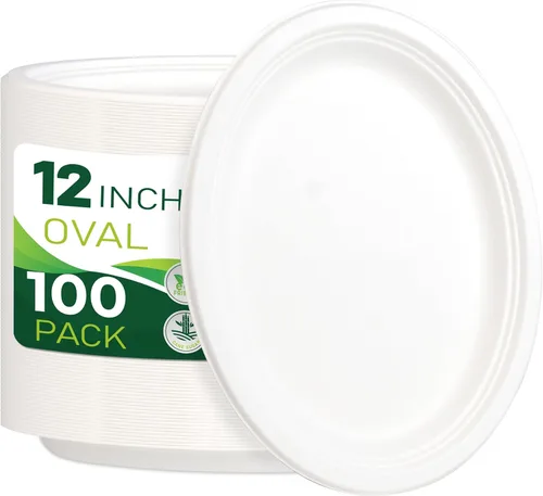 100 piezas de platos de papel ovalados blancos 100% compostables (12 pulgadas), platos desechables resistentes, platos de cena ecológicos, platos