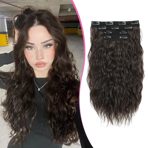 Miniatura 12 de Extensiones de cabello con clip de 20 pulgadas, 4 piezas, color sirena ondulado, rizado, grueso, invisible, trama de encaje color castaño ceniza