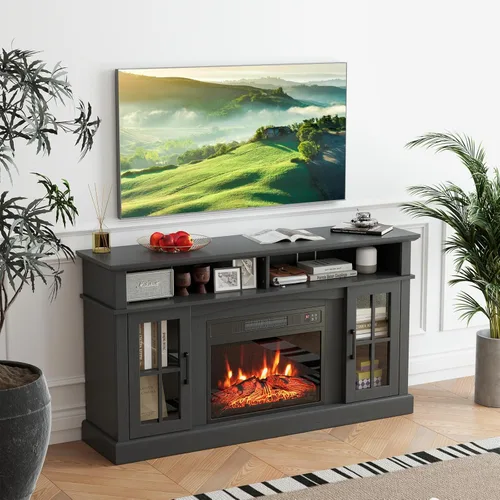 Miniatura 9 de SIMOE Soporte de TV con chimenea de hasta 40'' 65'' TV, chimenea eléctrica de 58 pulgadas, centro de entretenimiento con 2 gabinetes y control Negro